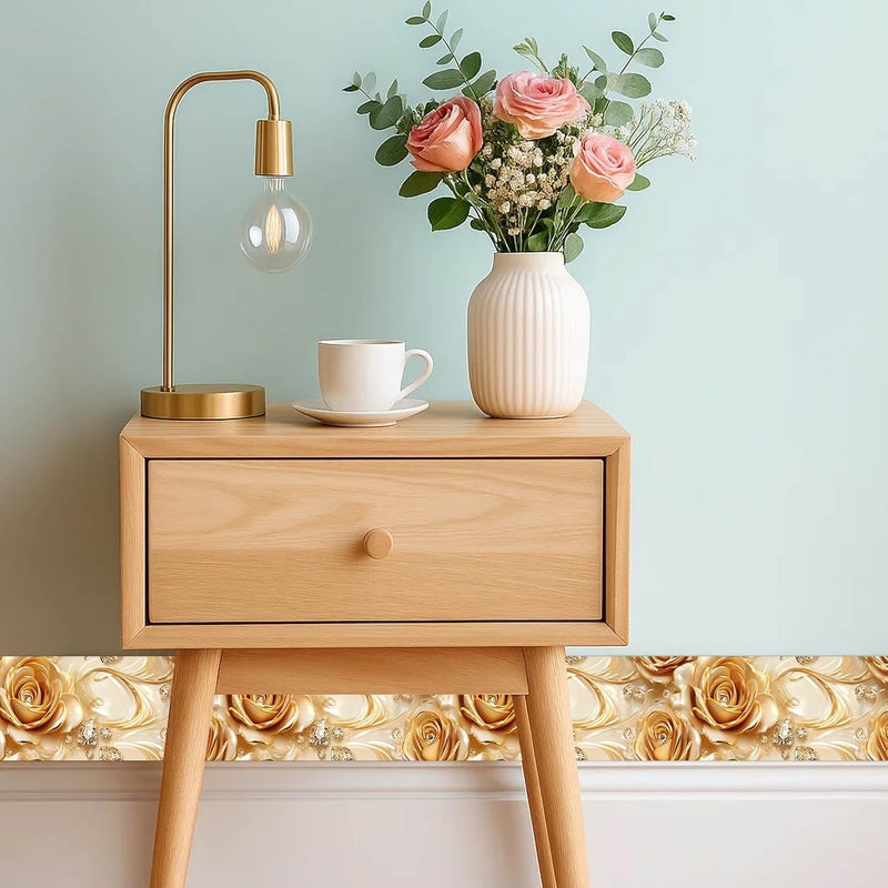 IVN Wallpaper Border Peel and Stick Wall Accent 4x196 Inch PVC Gold Rose Pattern Self Adhesive Decorative Wall Trim for Bedroom Living Room Hallway Elegant Luxurious Style - Image 2